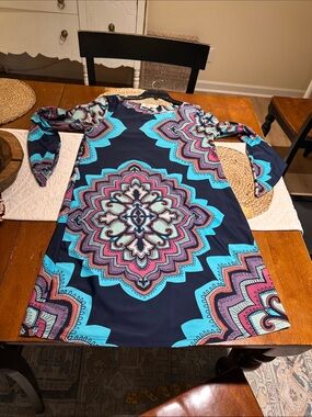 Aryeh Navy Dress with Teal & Coral Medallion Print